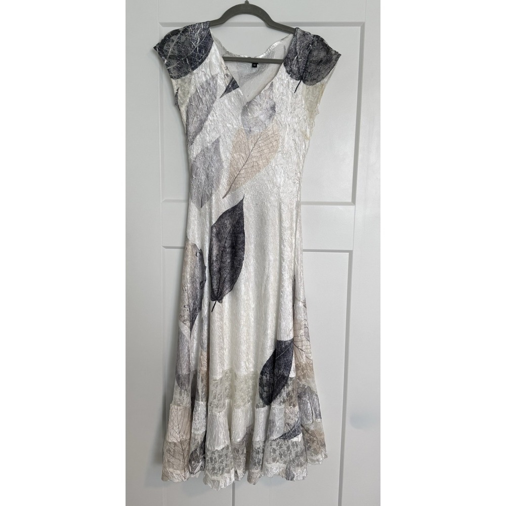 Komarov Midi Dress Size Medium Ivory Leaf Print Crinkle Lace Fairy Whimsical‎